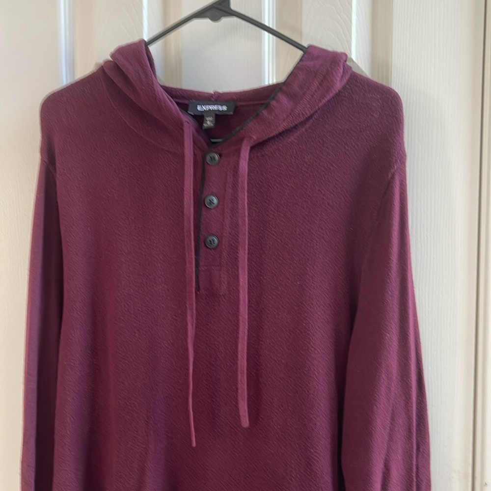 Express Men's Maroon Button Henley Hoodie Sweatshirt Size LT